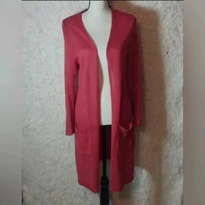 J Jill Red Long-Length Open-Front Cardigan Sweater w Pockets, Linen & Viscose